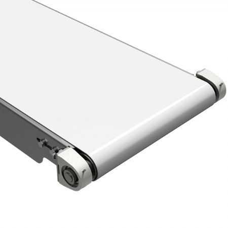 Sanitary stainless steel conveyor with white belt